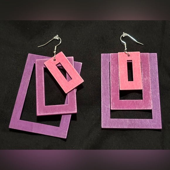 Purple & Pink Wooden Earrings - Picture 2 of 4